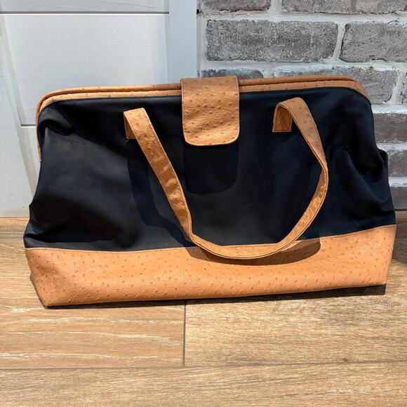 Elizabeth Arden Faux Ostrich Canvas Tote Travel Weekender Bag Satchel Black Tan - Picture 3 of 7